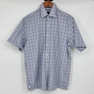 Austin Reed London Mens Blue White Plaid Short Sleeve Button Down Shirt Medium